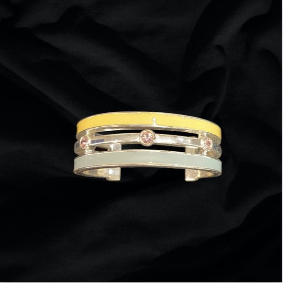 Metal Wrist Cuff in Blue, Yellow, and Silver with Pink Rhinestones - Picture 4 of 8